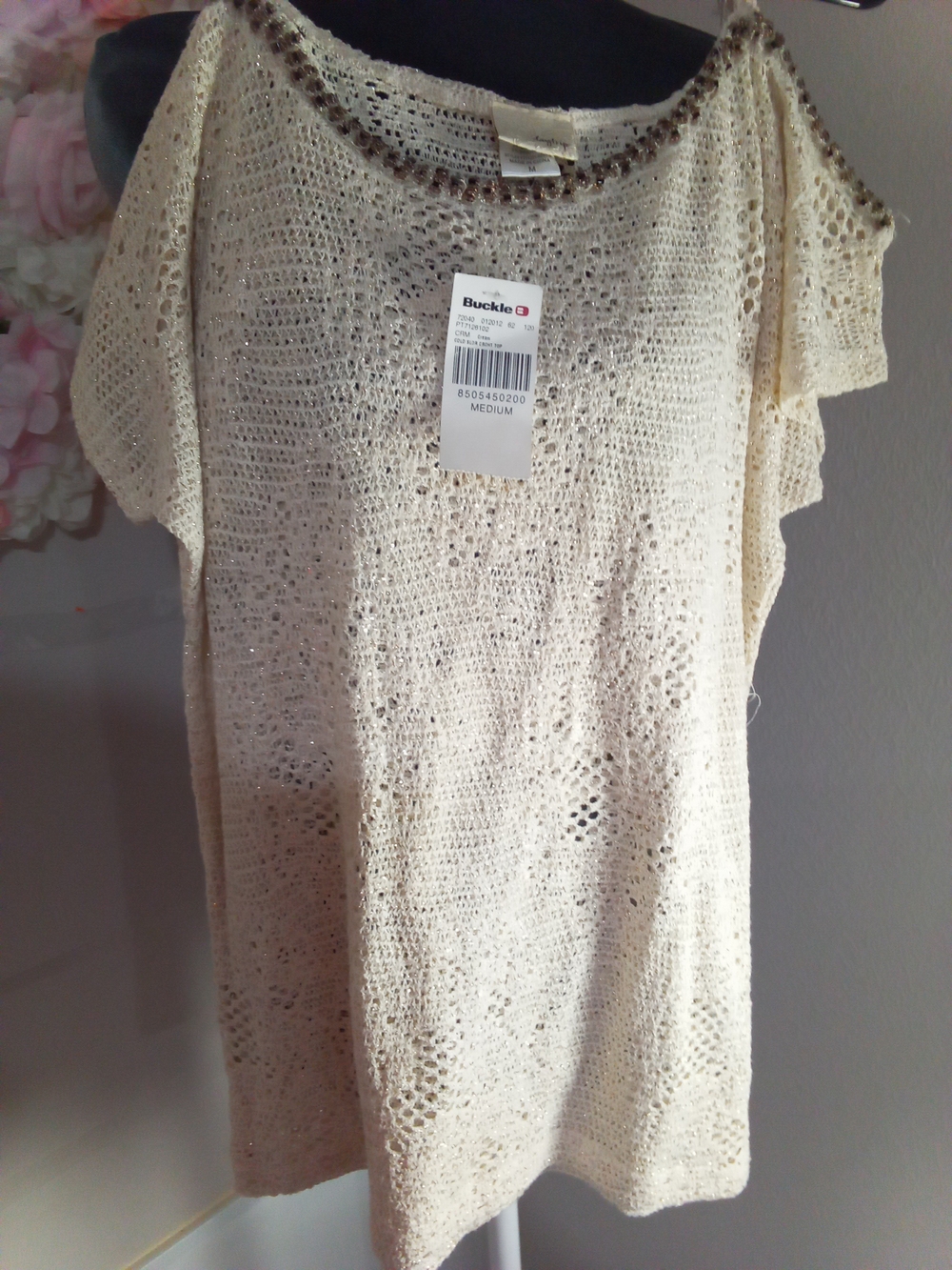 Buckle Crochet Cold-Shoulder Top in Cream